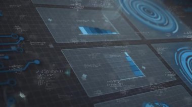 Mavi dairesel desenler içeren dijital şebekedeki çubuk grafiklerle veri analiz ediliyor. İstatistik, analitik, teknoloji, görselleştirme, veri bilimi, yenilik