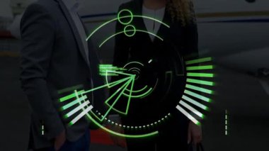 Özel jetin yanında duran iş adamlarının dijital arayüz animasyonu. şirket, teknoloji, lüks, seyahat, modern, yenilik