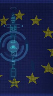 Uue bayrağı üzerinde füze ile dijital arayüzün animasyonu. Ukrayna krizi, güncel ilişkiler, politika ve küresel ekonomi konsepti dijital olarak oluşturulmuş video.