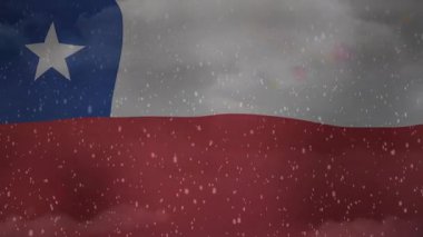 Şili bayrağını kar tanelerinin canlandırılması ve parlayan ışık efektiyle sallamak. Vatanseverlik, kış, bayram, ulusal, kutlama, ışıltı