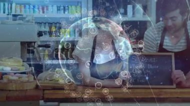 Dijital ağ animasyonu üzerinde kurabiye listesi olan karatahta tutan insanlar. Teknoloji, bağlantı, etkileşimli, iletişim, arayüz, takım çalışması