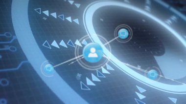 Soyut mavi arkaplan üzerinde dijital simgelerin ve ağ bağlantılarının animasyonu. Teknoloji, ağ oluşturma, fütüristik, iletişim, siber uzay, veri