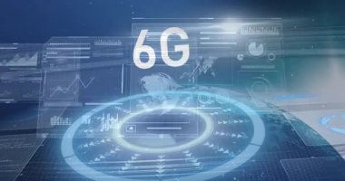 Dijital arayüzü ve geleceksel veri görselleştirmesi olan 6G teknolojisinin animasyonu. Bağlantı, yenilik, ağ, gelecek