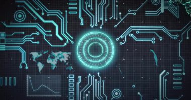 Dünya haritası ve grafikleri üzerinde dijital devre modelleri ve yeşil parçacıkların animasyonu. Teknoloji, ağ, veri, küresel, geleceksel, elektronik