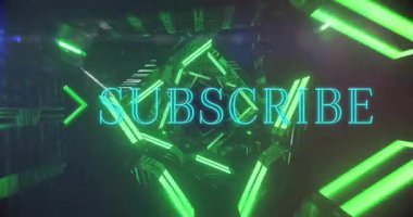 Arkaplanda parlayan metin animasyonu olan neon yeşil geometrik şekiller. Soyut, dijital, fütüristik, canlı, tipografi, afiş