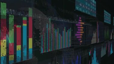 Karanlık arka planda finansal verileri gösteren dijital grafik ve grafiklerin animasyonu. Finans, analitik, iş dünyası, ekonomi, istatistik, teknoloji