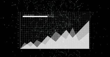 Siyah arkaplanda hareket eden ağlar üzerinden grafik arayüzü işleme verisinin resmi. Veri, işleme, dijital arayüz, bağlantı ve iletişim, dijital olarak oluşturulmuş resim.