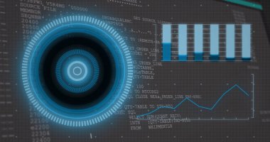 Siyah arkaplanda tarama ve veri işleme görüntüsü. Küresel teknoloji, bilgisayar ve dijital arayüz kavramı dijital olarak oluşturulmuş görüntü.