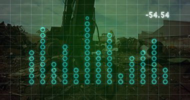 Çöplerin üzerindeki finansal veri işleme resmi. Küresel finansman, ekoloji ve dijital arayüz kavramı dijital olarak oluşturulmuş görüntü.