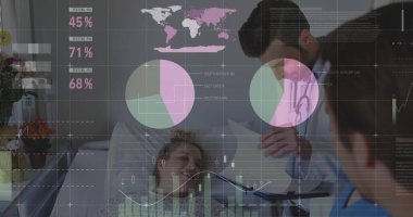 Hasta yatağında yatan Kafkas doktorların veri işleme ve diyagramları. Küresel tıp ve dijital arayüz kavramı dijital olarak oluşturulmuş görüntü.