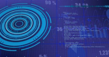 Mor arkaplan üzerinde kapsam ve veri işleme resmi. Küresel finans, iş, bağlantılar, hesaplama ve veri işleme kavramı dijital olarak oluşturuldu.