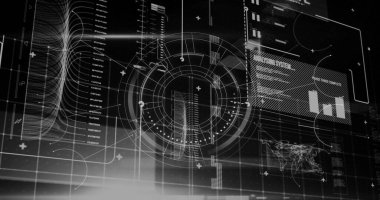 Kapsam taramasında veri işleme resmi. Küresel finans, iş, bağlantılar, hesaplama ve veri işleme kavramı dijital olarak oluşturuldu.