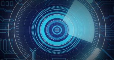 Siyah arkaplanda bilgisayar devre kartının üzerinde tarama yapılan bir görüntü. Küresel teknoloji, bilgisayar ve dijital arayüz kavramı dijital olarak oluşturulmuş görüntü.