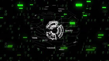 Yeşil ve siyah temalı dijital ikili kod ve veri işleme animasyonu. Teknoloji, fütürist