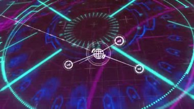 Birbirine bağlı ikonlar ve fütürist dijital animasyonda parlayan geometrik desenler. teknoloji, yenilik, bağlantı, ağ, sanal