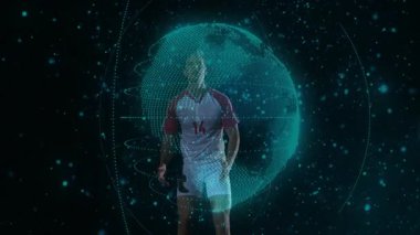 Futbolcu dijital dünya animasyonu ve veri görselleştirmesiyle topa vuruyor. Futuristik, teknoloji, spor, atlet, yenilik, bağlantı