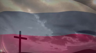 Animasyon tarzında bulutlu gökyüzüne karşı çapraz siluet üzerinde Rus bayrağı vardı. Vatanseverlik, milliyetçilik, sembol, din, dijital sanat, resim