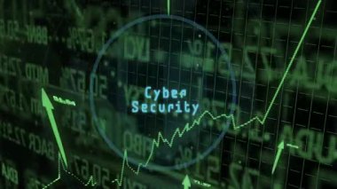 Borsa grafiği ve verileri üzerinde yukarı doğru ok olan güvenlik kalkanının animasyonu. Maliye, koruma, büyüme, teknoloji, siber güvenlik, ekonomi