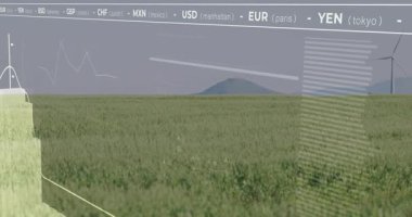 Rüzgâr türbinleri, döviz döviz verileriyle birlikte, animasyonu örtüyor. Yenilenebilir enerji, teknoloji, finans, sürdürülebilirlik, çevre