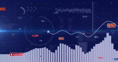 Çalma ve abone düğmeleri görüntülenmiş çubuk grafik ve çizgi çizelgesinin animasyonu. Bilgi, büyüme, veri görselleştirme, analitik, eğilimler, istatistikler