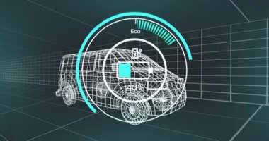 Animasyondaki tel çerçeve minibüs dijital ekranda pil seviyesini ve eko modunu gösteriyor. Elektrik, araç, otomotiv, teknoloji, yenilik, verimli