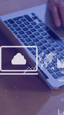 Dizüstü bilgisayarla iş adamlarının finansal veri işleme animasyonu. küresel iş, finans, veri işleme ve dijital arayüz kavramı dijital olarak oluşturulmuş video.