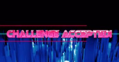 Koyu pembe meydan okuma, parlak mavi dikey arkaplanda kabul edilen animasyon. canlı, renkli, dijital, dinamik, fütürist, metin