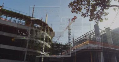 Sayıları ve diyagramları gösteren dijital animasyonlu bir inşaat sitesi. Teknoloji, mimari, mühendislik, yenilik, ilerleme, proje