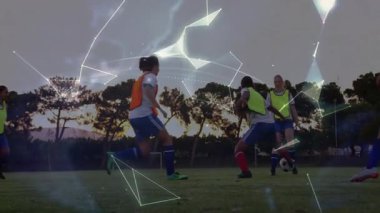 Dijital dünya ve ağ bağlantılarıyla sahadaki futbolcuların animasyonu. spor, teknoloji