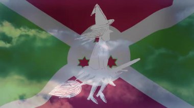 Süpürgeyle uçmak, Burundi bayrağının üzerinde bulutlu gökyüzü animasyonuyla cadı silueti. Fantezi, sihir, doğaüstü, folklor, çizim, mistik