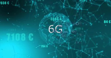 Ağ bağlantılarını gösteren dijital dünya üzerinde 6G metin ile veri görselleştirmesi. Teknoloji, yenilik, bağlantı, küresel, dijital ağ, telekomünikasyon
