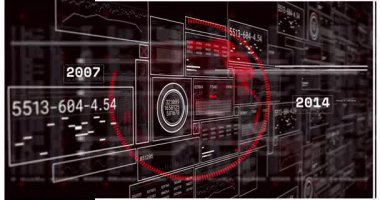 Kırmızı küreyi teknolojik elementlerle kaplayan sayıların ve dijital verilerin animasyonu. Teknoloji, fütürist, yenilik, bağlantı, ağ, siber uzay