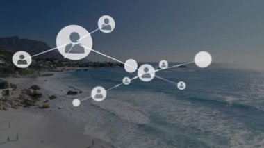 Bağlantılar ağı ve kıyı manzarası üzerinde veri işleme animasyonu. Teknoloji, bağlantı, yenilik, iletişim, dijital, altyapı