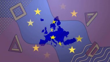 Soyut mor arka planda sarı yıldızlı Avrupa haritasının animasyonu. Kıta, Avrupa, animasyon, sembolik, illüstrasyon