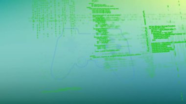 Mavi gradyan üzerinde yeşil kodlama metni üzerinde oyun denetleyici animasyonu. Teknoloji, dijital, eğlence, oyun, sanal, elektronik