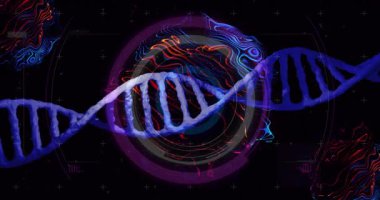 Renkli dijital kalıplar ve DNA iplikçiklerinin soyut dairesel tasarımı. Genetik, moleküler, biyoteknoloji, biyoenformatik, görselleştirme, geleceksel