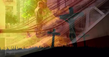 Modern binada yürüyen, haç siluetleriyle çevrili bir adam animasyon. Mimari, kentsel, maneviyat, dijital, sanat, çağdaş