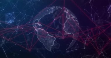 Kırmızı ağ çizgileri ve veri bağlantıları olan dijital dünyanın animasyonu. Global, bağlantı, teknoloji, siber alan, iletişim, fütüristik