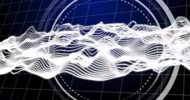 Ağ üzerinde dairesel geometrik desenlerle soyut beyaz dalga biçimlerinin animasyonu. dijital, fütürist, modern, teknoloji, minimalist