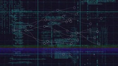 Okulun kodlama arayüzündeki dijital verilerle birlikte karmaşık ağ diyagramının animasyonu. Teknoloji, programlama, bilgisayar