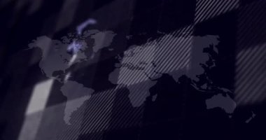 Dijital ızgara kaplamalı dünya haritası üzerinde dönen dünya animasyonu. Küreselleşme, teknoloji, ağ, yenilik, bağlantı, sanal