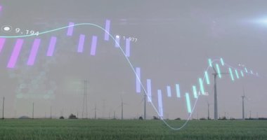 Rüzgâr türbinleri, finansal veri işleme animasyon örtüsüyle birlikte sahada. Yenilenebilir enerji, rüzgar gücü, sürdürülebilirlik, finans, teknoloji