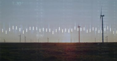 Olay yerini kaplayan veri işleme animasyonuyla birlikte rüzgar türbinleri arazide dönüyor. Yenilenebilir enerji, rüzgar gücü, sürdürülebilirlik, çevre, teknoloji