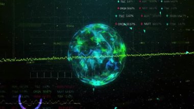 Fütüristik teknoloji animasyonunda finansal verileri ve grafikleri olan dijital bir dünya. Finans, analitik, yatırım, yenilik, ağ, küresel