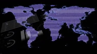 Kıtaları kaplayan soyut şekil ve çizgilerle dijital dünya haritasının animasyonu. Küresel, teknoloji, ağ, bağlantı, geleceksel, veri