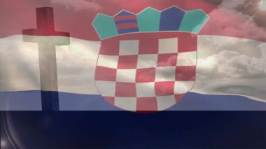 Bulutlu gökyüzü arkaplan animasyonuna karşı Hırvat bayrağı sallıyordu. Vatanseverlik, ulusal kimlik, egemenlik, amblem, Avrupa, kutlama