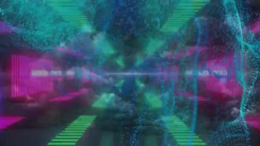 Dijital parçacıkların ve neon şekillerin animasyonu dinamik görsel efektler yaratır. soyut, fütüristik, canlı, enerji, parlama, hareket