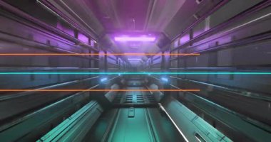 Neon ışıkları ve parlak çizgiler gelecekteki koridor animasyonunda derinlik yaratıyor. dijital, teknoloji, 3D, sanal, bilim kurgu, mimari