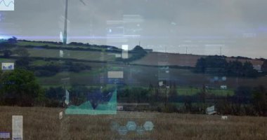 Veri grafikleri ve grafikleri olan rüzgar türbini animasyonu örtüyor. Yenilenebilir, enerji, sürdürülebilirlik, teknoloji, yenilik, analitik