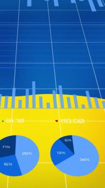 Ukrayna bayrağı üzerindeki grafiklerin animasyonu. Ukrayna krizi, ekonomik kriz ve dijital olarak üretilen uluslararası politika konsepti.